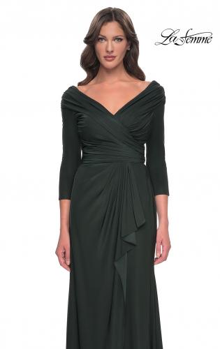 Picture of: Ruched Long Dress with Ruffle Skirt Detail and Sleeves in Dark Emerald, Style: 30845, Detail Picture 5