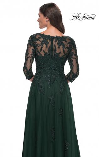 Picture of: Tulle and Lace A-Line Dress with V Neckline in Dark Emerald, Style: 30398, Detail Picture 6