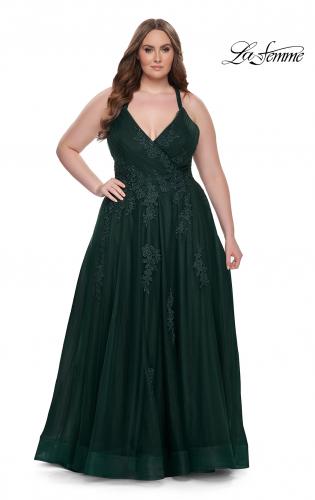 Picture of: Plus Size A-line Tulle Dress with Floral Detailing in Dark Emerald, Style: 29021, Detail Picture 11