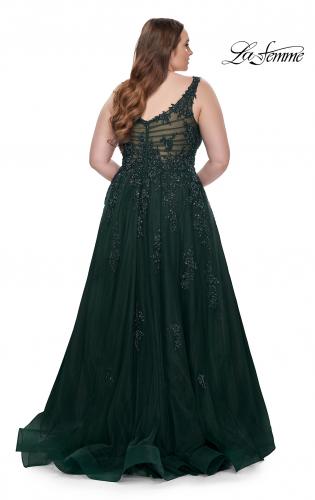 Picture of: Lace Embellished Tulle A-Line Dress with Illusion Back in Dark Emerald, Style: 31383, Detail Picture 8