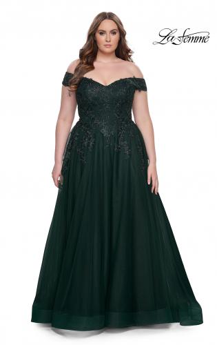 Picture of: Off The Shoulder Tulle Plus Size Gown with Lace in Dark Emerald, Style: 28950, Detail Picture 9