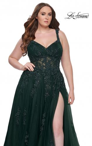 Picture of: Lace Embellished Tulle A-Line Dress with Illusion Back in Dark Emerald, Style: 31383, Detail Picture 9