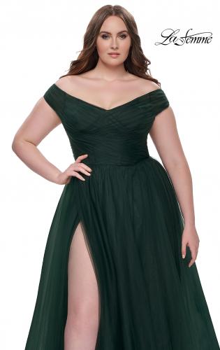 Picture of: A-Line Tulle Off the Shoulder Plus Size Dress with Slit in Dark Emerald, Style: 32204, Detail Picture 10