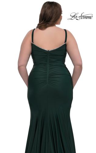 Picture of: Chic Plus Size Dress with Ruching and Rhinestone Neckline Detail in Dark Emerald, Style: 33057, Detail Picture 11