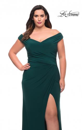 Picture of: Matte Jersey Long Plus Dress with Ruching and Slit in Dark Emerald, Style: 29663, Detail Picture 1