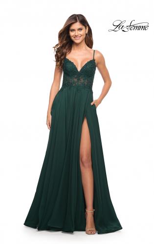 Picture of: A-line Gown with Sheer Floral Embellished Bodice in Emerald in Dark Emerald, Style: 30639, Main Picture