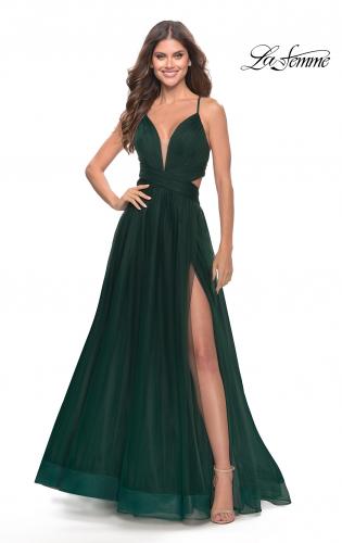Picture of: Tulle Ball Gown with Side Cut Outs and High Slit in Dark Emerald, Style: 31347, Main Picture