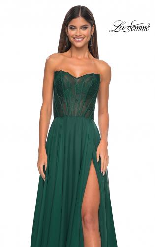 Picture of: Strapless Chiffon Prom Gown with Lace Illusion Bodice in Dark Emerald, Style: 32311, Detail Picture 8