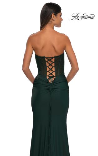 Picture of: Intricate Ruched Corset Bodice Prom Dress with Jersey Skirt in Dark Emerald, Style: 32971, Detail Picture 8