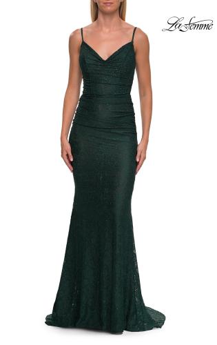 Picture of: Rhinestone Lace Gown with Draped Neckline and Open Back in Dark Emerald, Style: 33264, Detail Picture 8