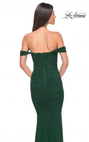 Picture of: Off the Shoulder Net Jersey Dress with Ruching in Dark Emerald, Style: 31914, Detail Picture 9