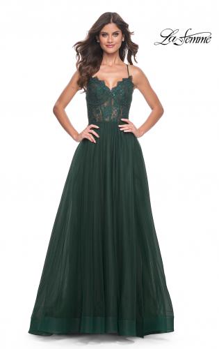 Picture of: Tulle Dress with Full Skirt and Sheer Lace Bodice in Dark Emerald, Style: 32306, Detail Picture 9