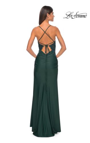 Picture of: Jersey Prom Dress with Illusion Sides and V Neckline in Dark Emerald, Style: 32139, Detail Picture 10
