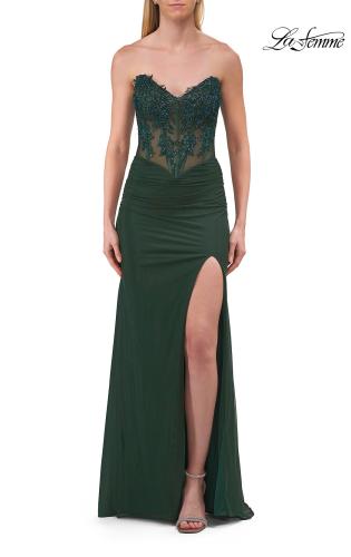 Picture of: Strapless Sheer Corset Gown with Beaded Lace and High Slit in Dark Emerald, Style: 33472, Detail Picture 10