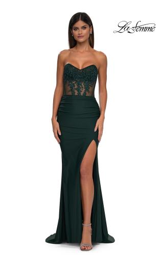 Picture of: Evening Dress with Illusion Strapless Bodice and Lace Applique in Dark Emerald, Style: 32912, Detail Picture 11