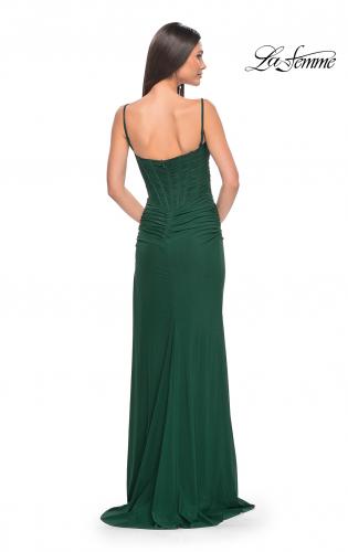 Picture of: Bustier Net Jersey Prom Dress with Ruching and High Slit in Dark Emerald, Style: 32161, Detail Picture 12