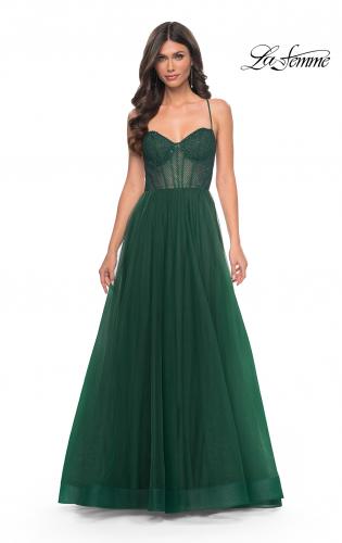 Picture of: A-Line Tulle Gown with High Slit and Illusion Rhinestone Fishnet Bodice in Green, Style: 32135, Detail Picture 13