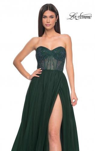 Picture of: A-Line Tulle Prom Dress with Rhinestone Fishnet Bodice in Dark Emerald, Style: 32216, Detail Picture 13