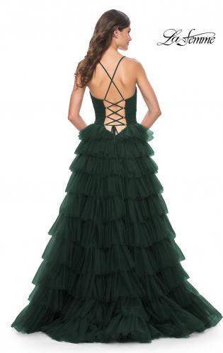 Picture of: A-Line Ruffle Tulle Gown with High Slit and Lace Up Back in Dark Emerald, Style: 32086, Detail Picture 16