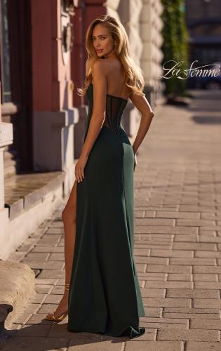 Picture of: Chic Jersey Dress with Asymmetrical Neckline and Sheer Back in Dark Emerald, Style 32849, Back Picture