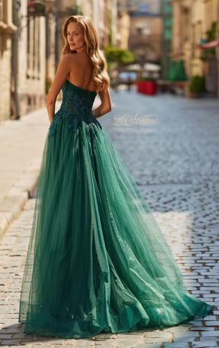 Picture of: Strapless A-Line Gown with Embroidered Corset and Slit in Dark Emerald, Style: 33528, Back Picture