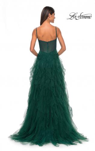 Picture of: Tulle A-Line Dress with Ruffle Skirt and Buster Rhinestone Fishnet Bodice in Dark Emerald, Style: 32233, Detail Picture 18