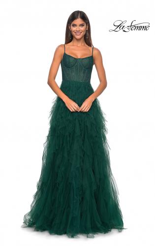 Picture of: Tulle A-Line Dress with Ruffle Skirt and Buster Rhinestone Fishnet Bodice in Dark Emerald, Style: 32233, Detail Picture 19