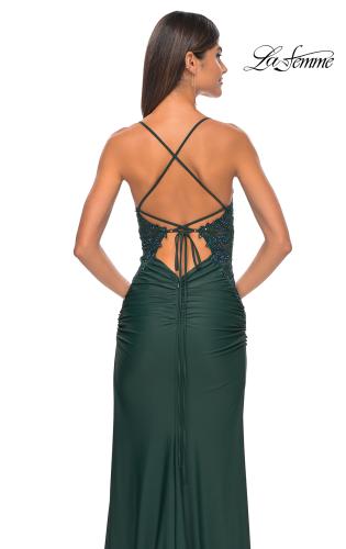 Picture of: Jersey Prom Dress with Illusion Sides and V Neckline in Dark Emerald, Style: 32139, Detail Picture 24