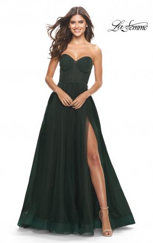 Picture of: Illusion Bodice A-line Gown with Boning and Defined Cups in Dark Emerald, Style: 31205, Detail Picture 1