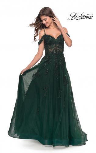 Picture of: A-Line Gown with Beautiful Beaded Lace Applique in Dark Emerald, Style: 31346, Detail Picture 1