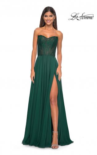 Picture of: Strapless Chiffon Prom Gown with Lace Illusion Bodice in Dark Emerald, Style: 32311, Detail Picture 1
