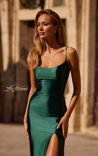 Picture of: Chic Stretch Satin Dress with Illusion Mesh Back in Dark Emerald, Style 32640, Detail Picture 1