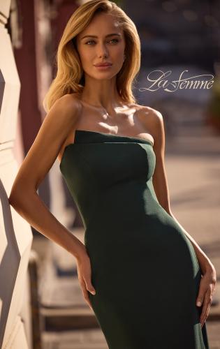 Picture of: Chic Jersey Dress with Asymmetrical Neckline and Sheer Back in Dark Emerald, Style 32849, Detail Picture 1