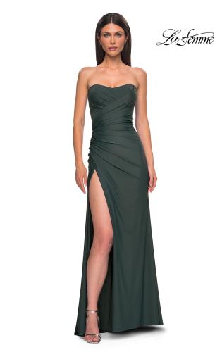 Picture of: Strapless Prom Dress with Side Ruching and Lace Up Back in Dark Emerald, Style 33012, Detail Picture 1