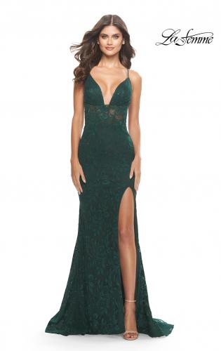 Picture of: Unique Stretch Lace Prom Dress with Sheer Bodice in Dark Emerald, Style: 31249, Detail Picture 2