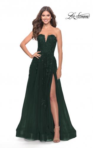 Picture of: Strapless Deep V A-Line Tulle and Lace Gown in Dark Emerald, Style: 31345, Detail Picture 2