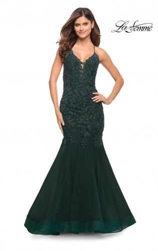Picture of: Mermaid Tulle and Lace Jeweled Prom Dress in Dark Emerald, Style: 30584, Detail Picture 4