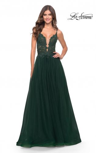Picture of: A Line Tulle Gown with Lace Bodice and V Back in Dark Emerald, Style: 31507, Detail Picture 4