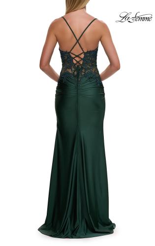 Picture of: Rhinestone Lace Corset Gown with Slit and Crisscross Lace-Up Back in Dark Emerald, Style: 33769, Detail Picture 4