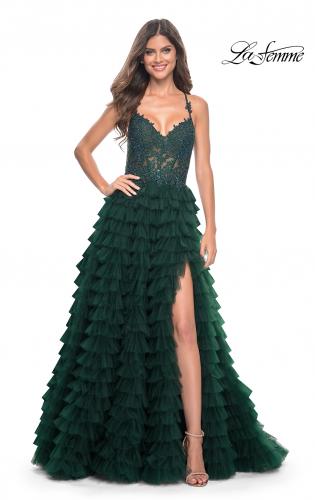 Picture of: Ruffle Tulle Prom Gown with Illusion Lace Bodice and High Slit in Dark Emerald, Style: 32128, Detail Picture 5