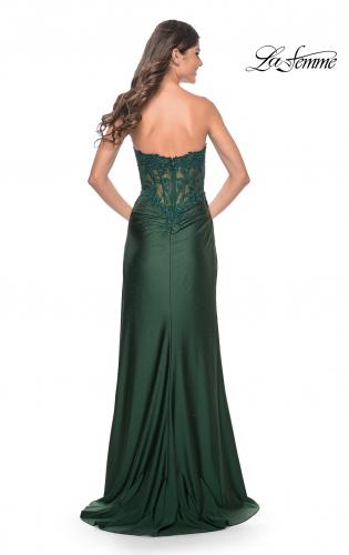 Picture of: Ruched Jersey Skirt with Lace Illusion Top and Rhinestone Prom Dress in Dark Emerald, Style: 32011, Detail Picture 6