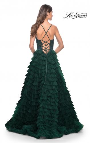 Picture of: Ruffle Tulle Prom Gown with Illusion Lace Bodice and High Slit in Dark Emerald, Style: 32128, Detail Picture 6