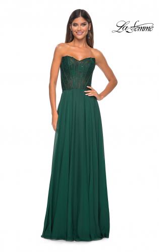 Picture of: Strapless Chiffon Prom Gown with Lace Illusion Bodice in Dark Emerald, Style: 32311, Detail Picture 6