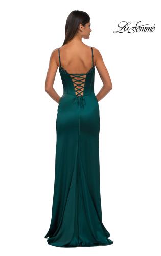 Picture of: Fitted Satin Gown with Exposed Boning and Lace Detail Neckline in Dark Emerald, Style: 32955, Detail Picture 6
