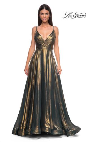 Picture of: Stunning Metallic Chiffon Gown with Ruched Bodice and Slit in Dark Emerald, Style 32864, Detail Picture 7