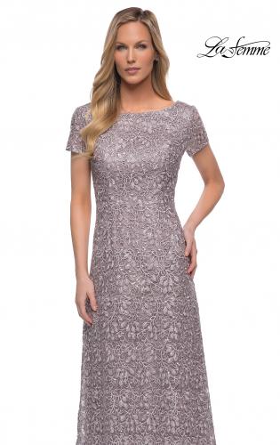 Picture of: Embroidered Lace Long Gown with Short Sleeves in Dark Mauve, Main Picture