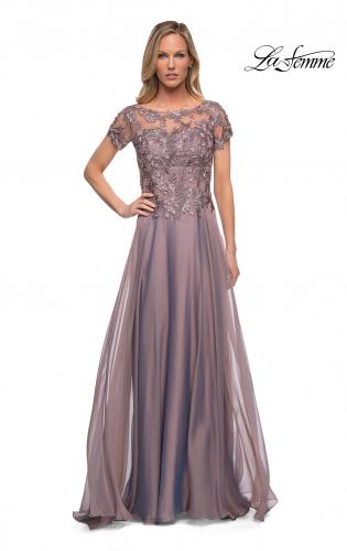 Picture of: Chiffon Evening Gown with Lace Bodice in Dark Mauve, Detail Picture 1