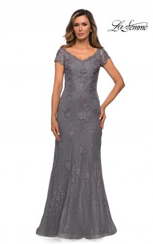 Picture of: Short Sleeve Lace Evening Dress with V Neckline in Dark Platinum, Style: 28099, Detail Picture 1