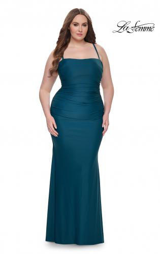 Picture of: Ruched Jersey Plus Dress with Lace Up Back in Dark Teal, Style: 32195, Main Picture