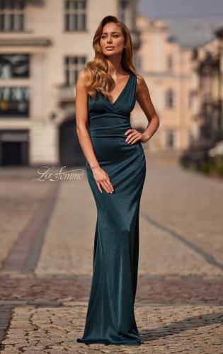 Picture of: Metallic Jersey Gown with V-Neckline and Low Back in Dark Teal, Style: 33425, Main Picture